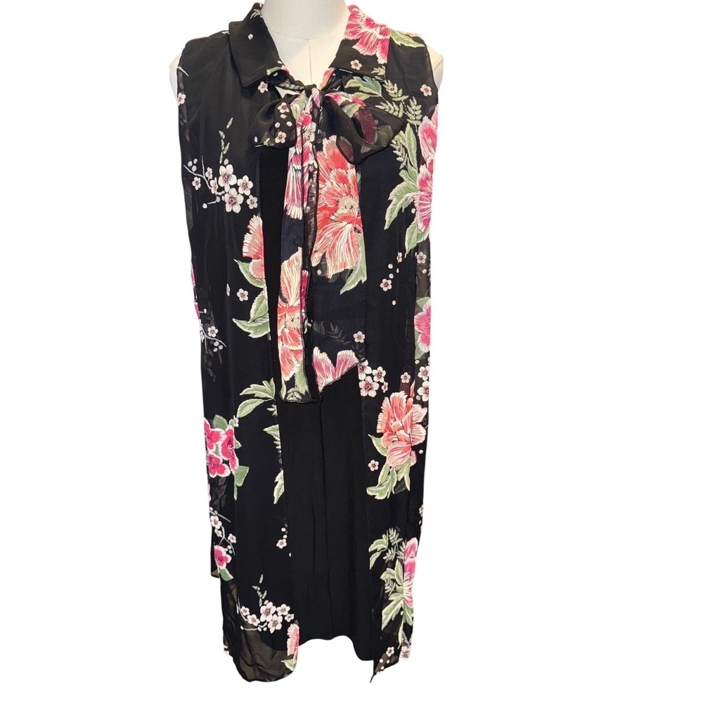Robbie Bee Womens Plus 18 Floral Tie Neck Sleeveless Tunic Top Black Magenta NEW